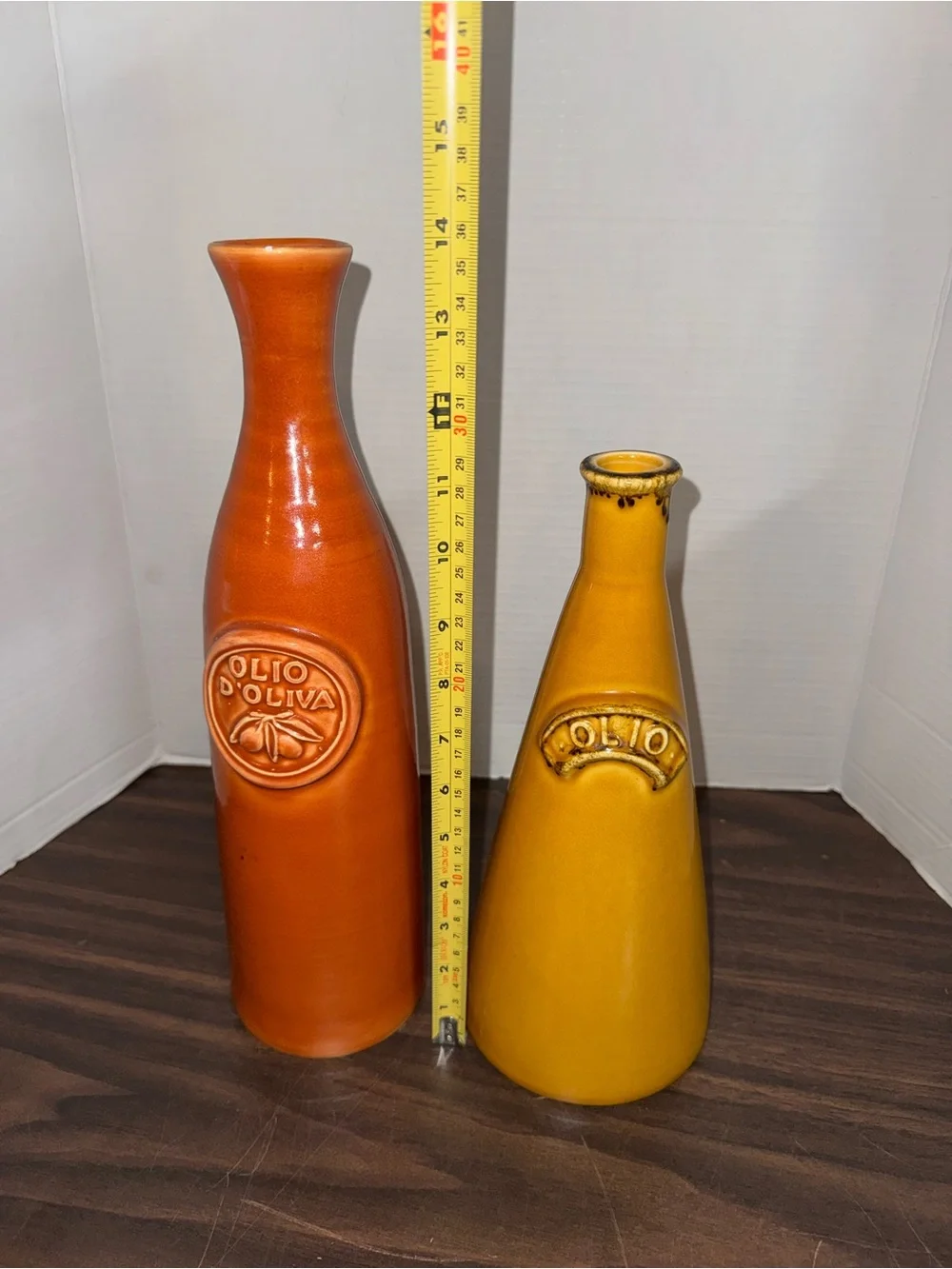 Vintage Crate & Barrel Orange/Yellow Large Olive Oil Bottles Stoneware